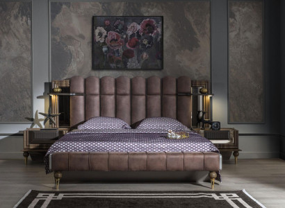 Complete e Bedroom furniture Double bed Brown Fabric Bed Set 3-piece Bedside tables